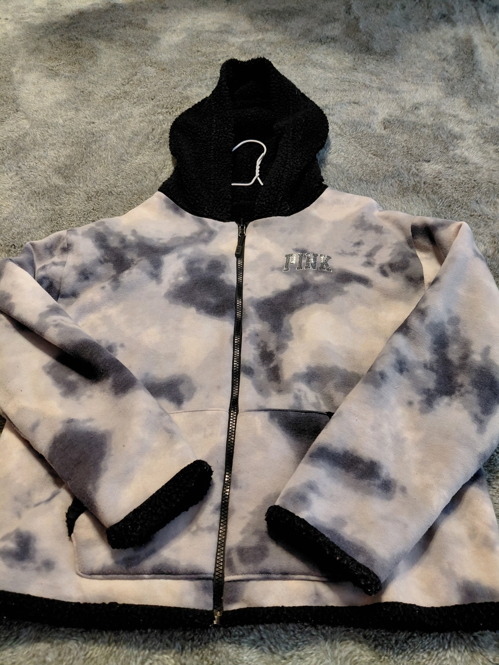 Victoria's Secret PINK Gray & Black Tie-Dye Sherpa-Lined Zip Hoodie